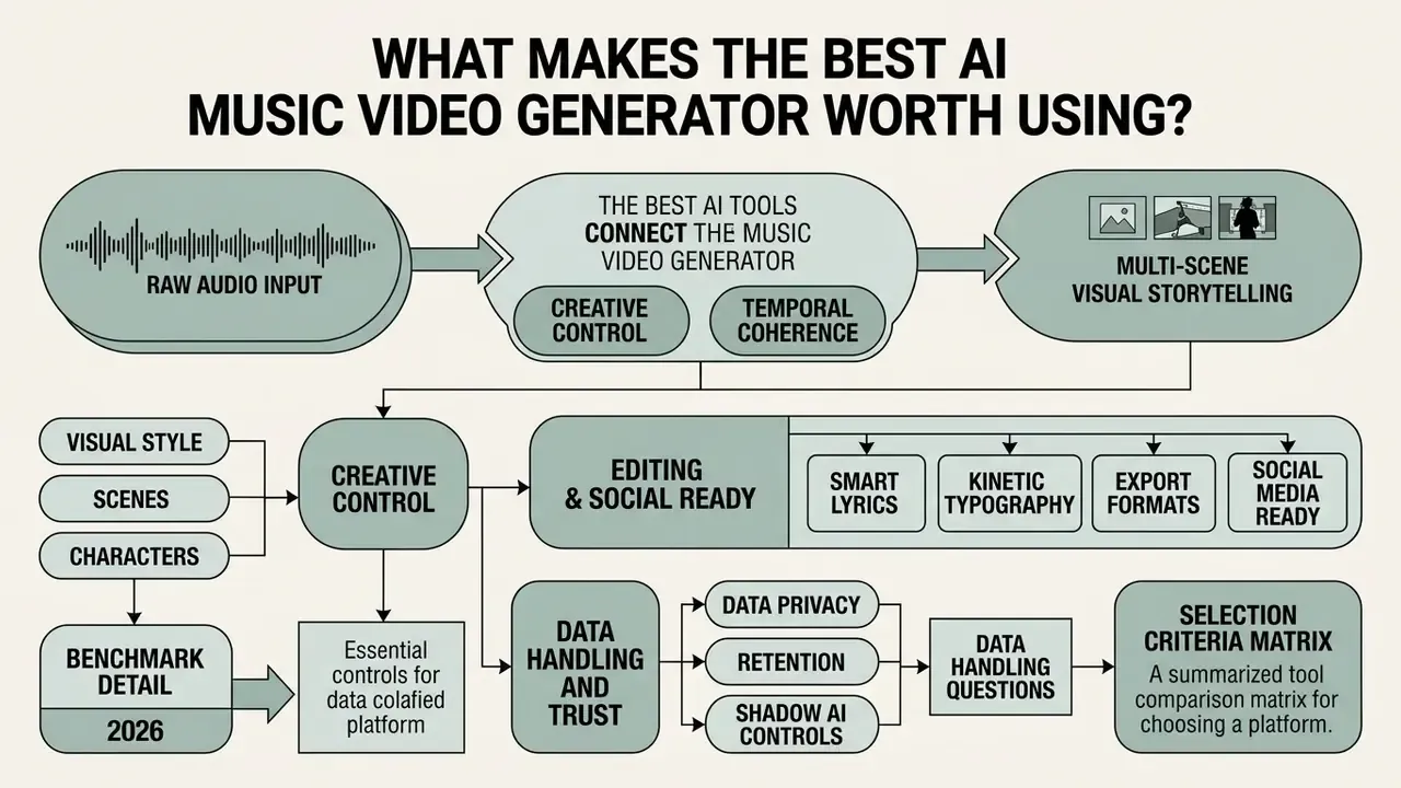 Flowchart showing how raw audio converts into multi-scene visual storytelling using AI music video tools