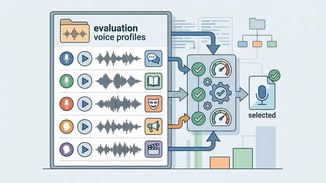 List of voice profiles flowing into an evaluation module with gears and gauges to output a selected file