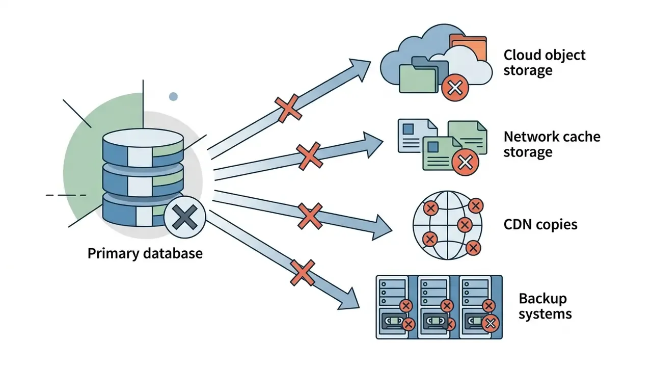 Arrows showing data deletion from a primary database to cloud storage, caches, CDN copies, and backups