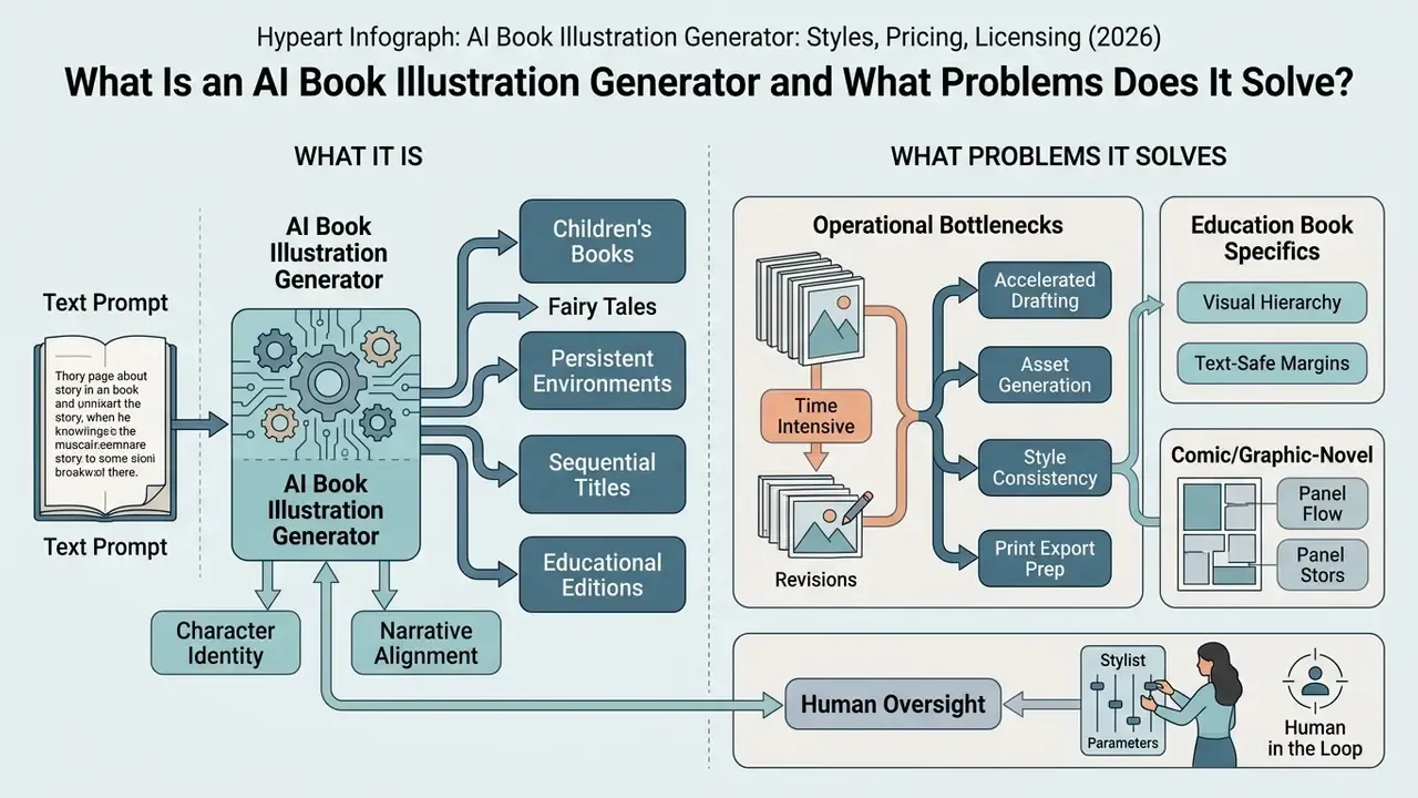 Flowchart detailing how an AI book illustration generator processes text prompts into visual assets