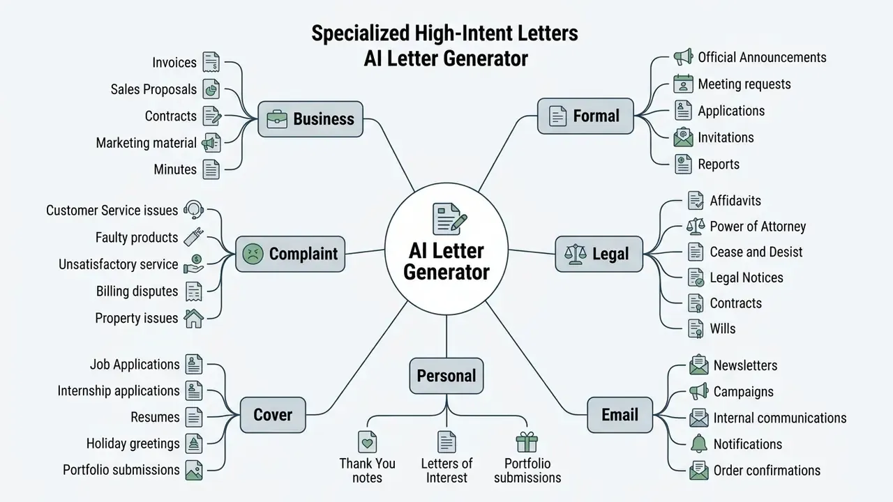 Mind map showing categories of document types like business, formal, complaint, legal, cover, personal, and email
