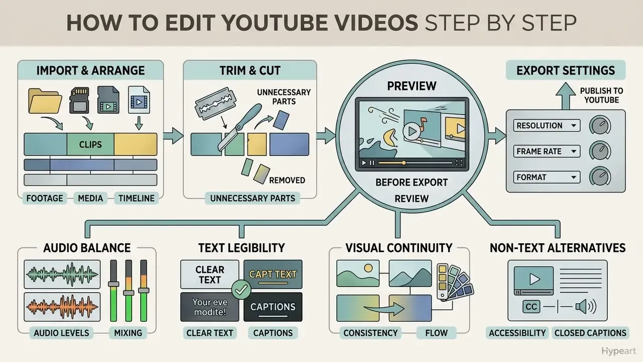 Flowchart outlining the video editing process from importing footage to adjusting audio and visual elements