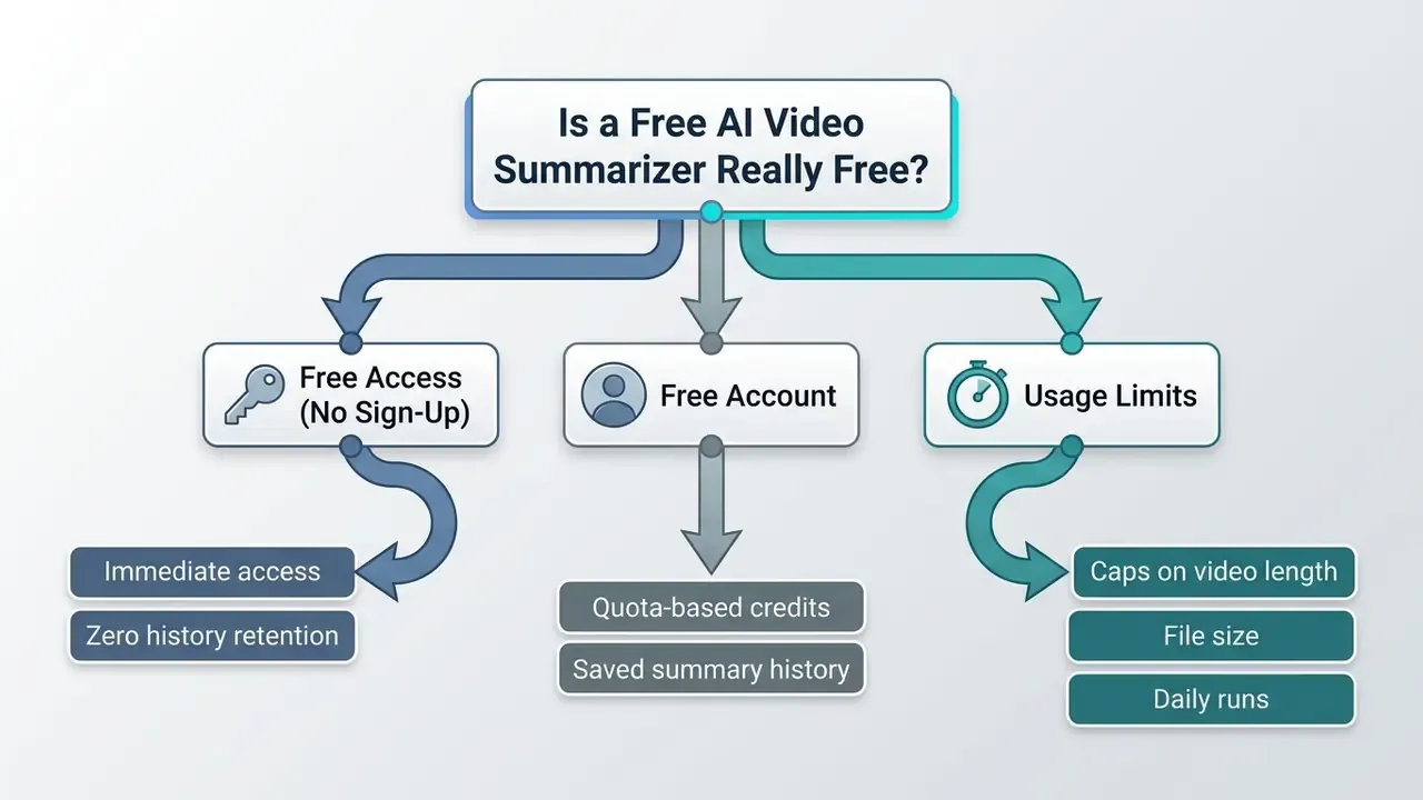 Flowchart comparing free access, account-based credits, and usage limits for a video summary generator