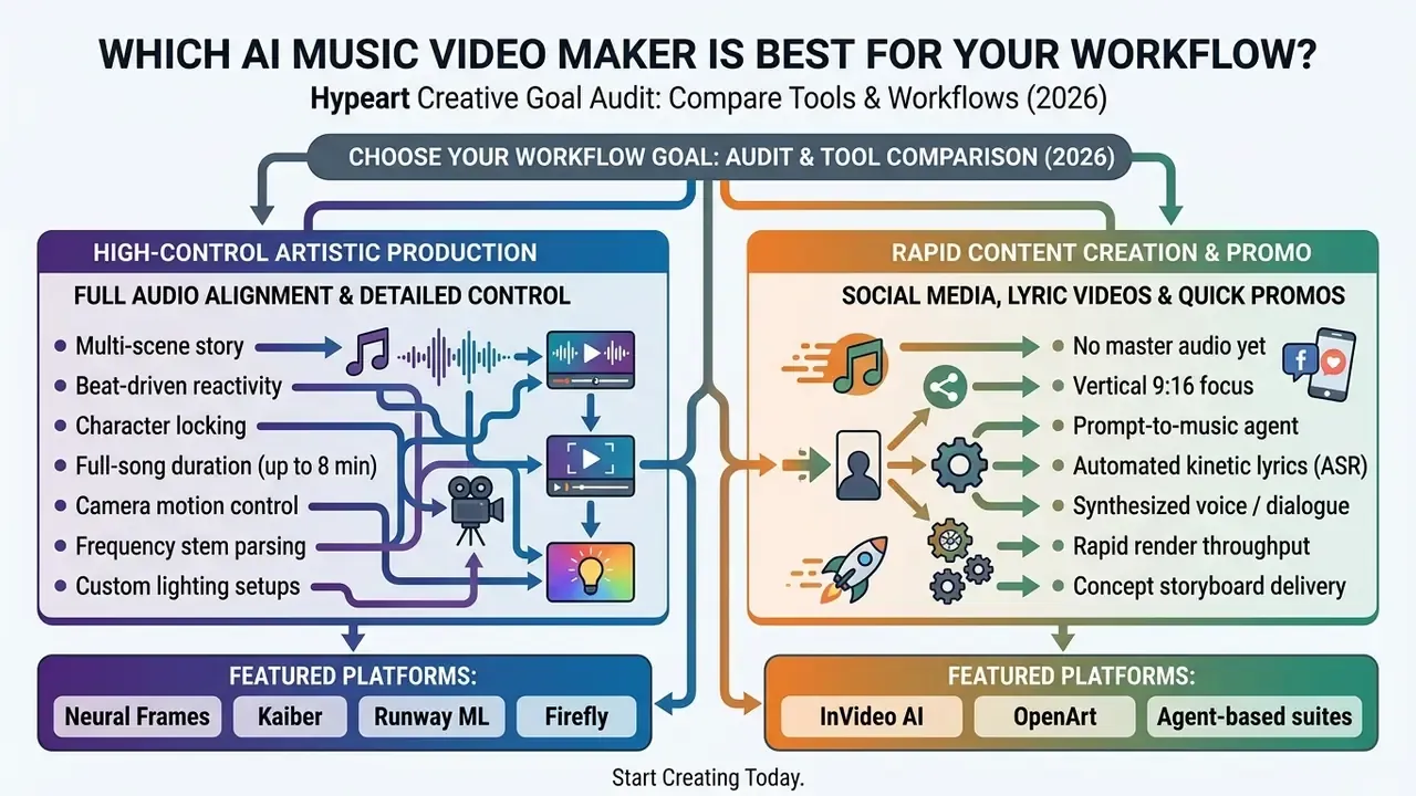Decision tree comparing high-control artistic production versus rapid social media content workflows