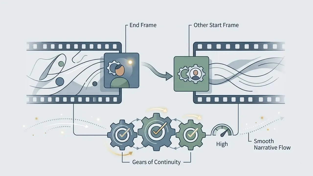 Film strips linking an end frame to a start frame via interlocking gears to ensure smooth narrative flow