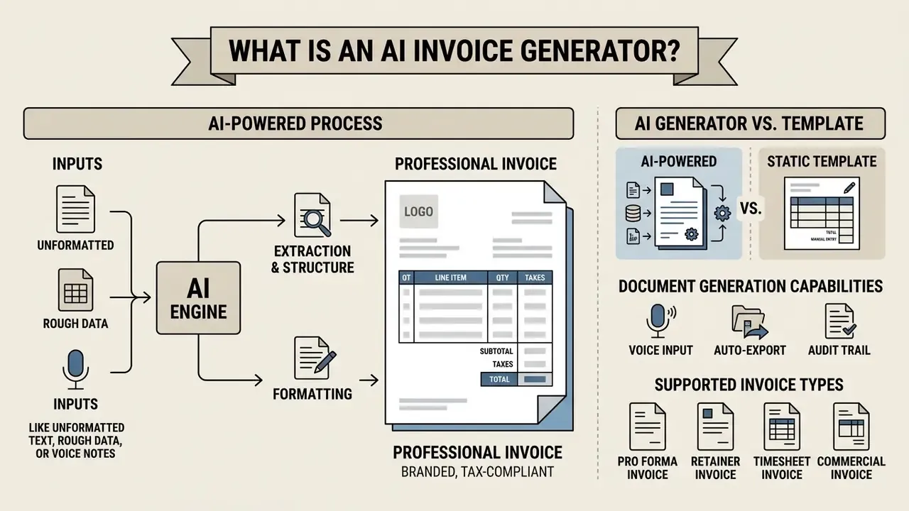 Diagram comparing AI-powered invoice generation with manual templates and listing supported invoice types