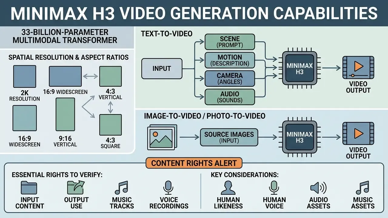 Flowchart detailing MiniMax H3 video generation processes, resolution options, and content rights considerations