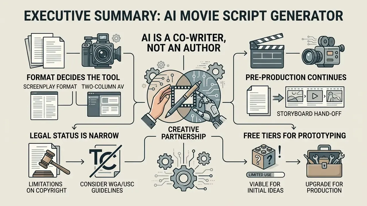 Infographic showing a human hand and robotic hand collaborating on a script as a creative partnership