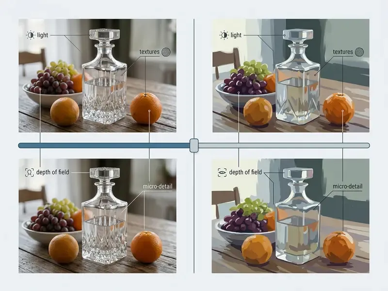 Comparison between a photorealistic AI image and a stylized render with annotations for visual details