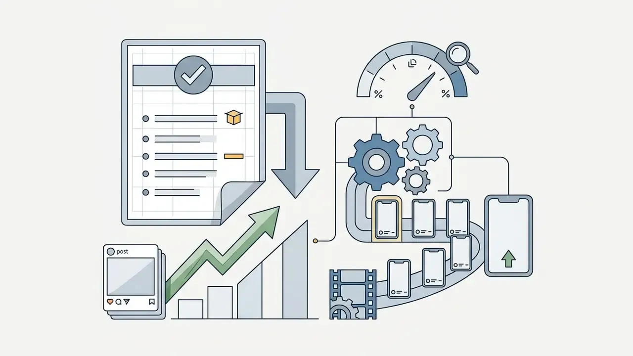 Checklist and growth graph alongside gears and mobile screens representing a reel maker app workflow