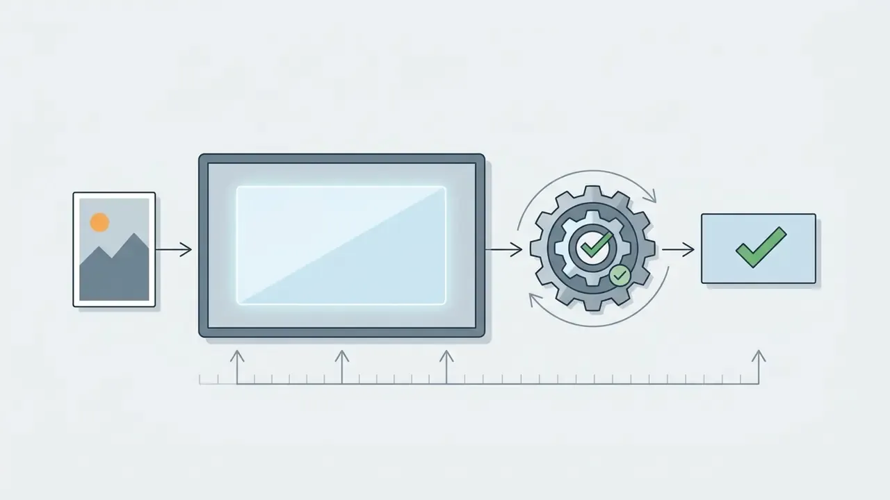 Visual sequence showing an image file being scaled and processed with a gear icon for final approval