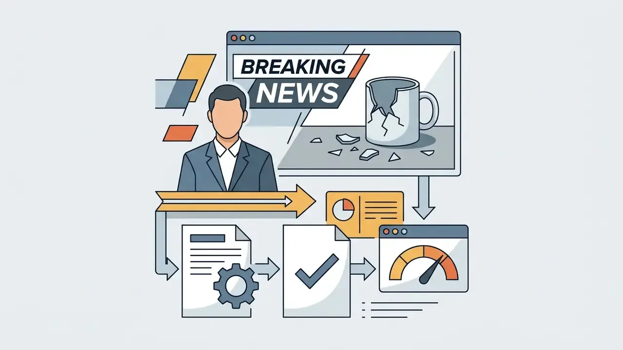 News anchor presenting a breaking news story about a broken mug with workflow icons below