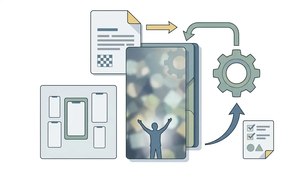 Document and gear icons connecting to a smartphone screen displaying a silhouette against a bokeh background