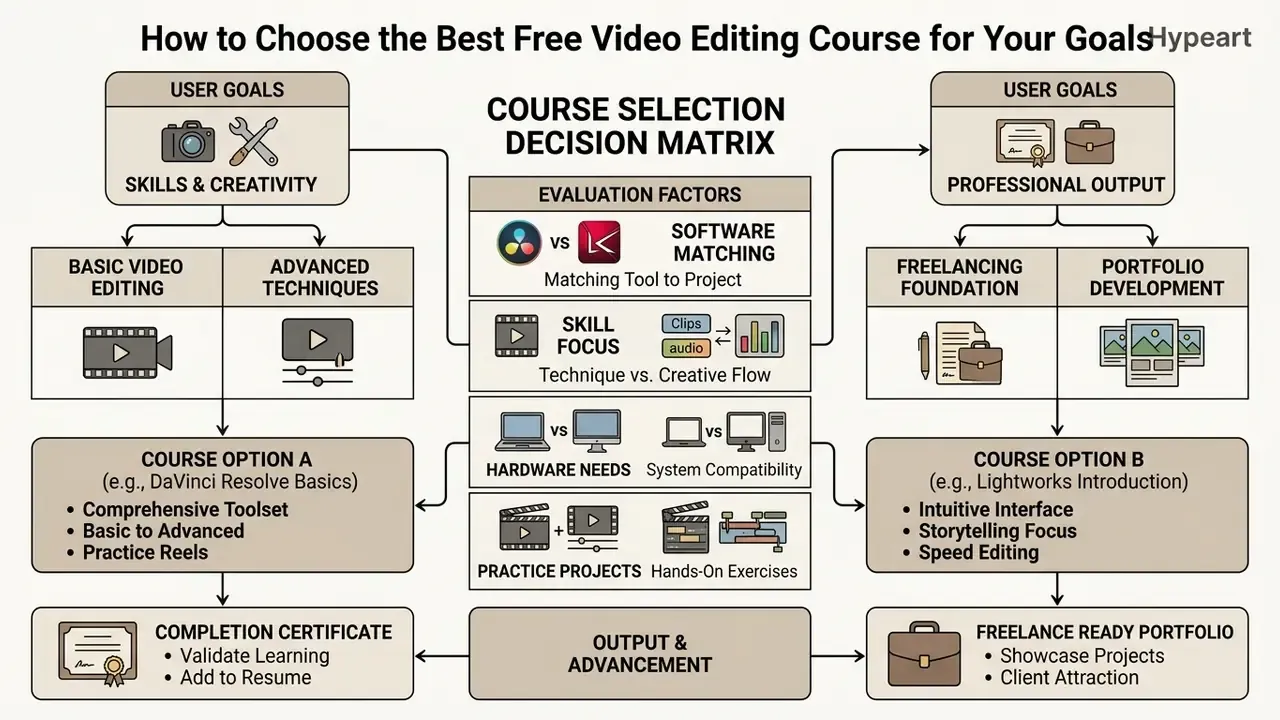 Decision matrix comparing software, skill focus, hardware needs, and practice projects for video editing courses