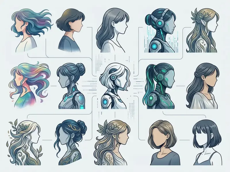 Grid of diverse female character profiles connected by lines showing varied artistic and sci-fi styles