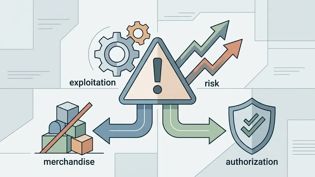 Warning triangle with gears pointing toward merchandise icons and a shield representing authorization