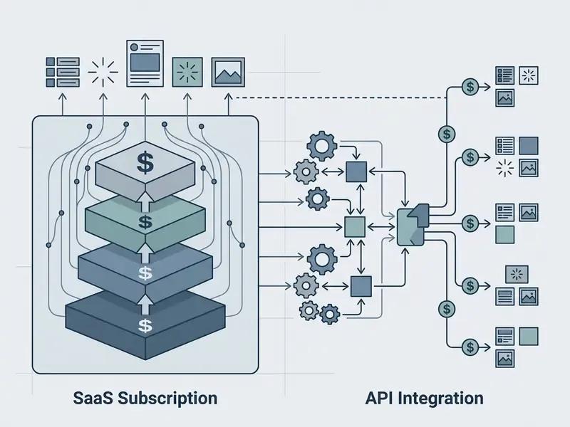 Layered blocks representing subscription tiers alongside a gear-driven network for API usage billing