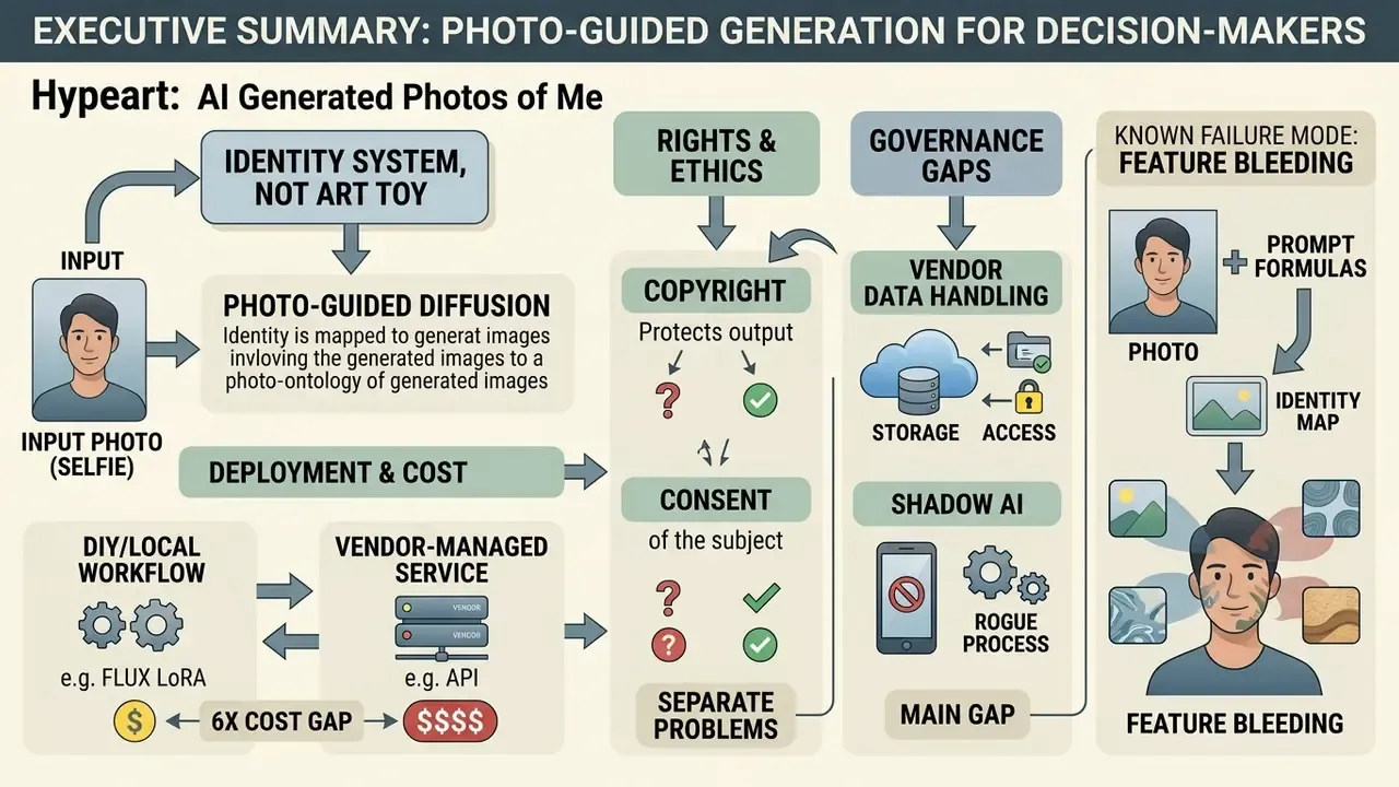 Flowchart outlining the risks, costs, and governance of AI generated photos of me