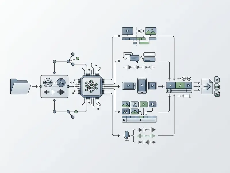 Technical diagram showing raw media files being processed by an AI engine into edited video outputs