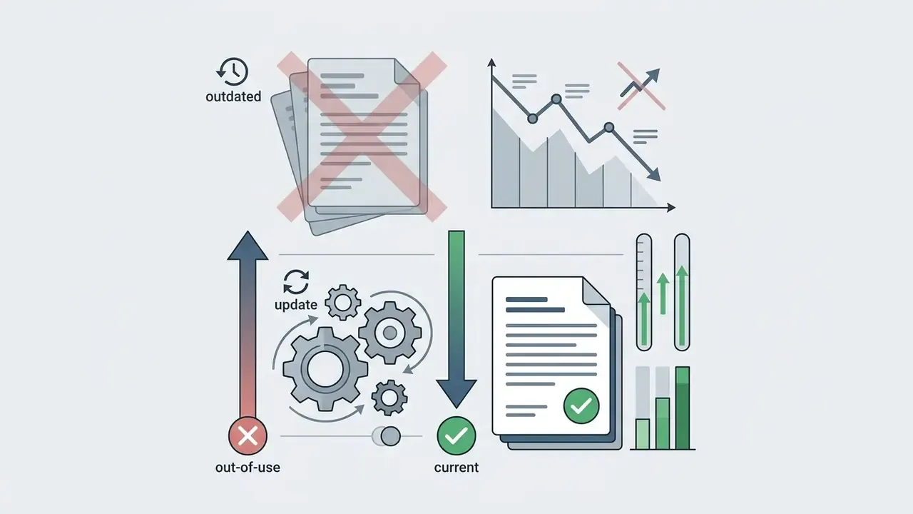 Document icons and charts showing a transition from outdated data to updated current information
