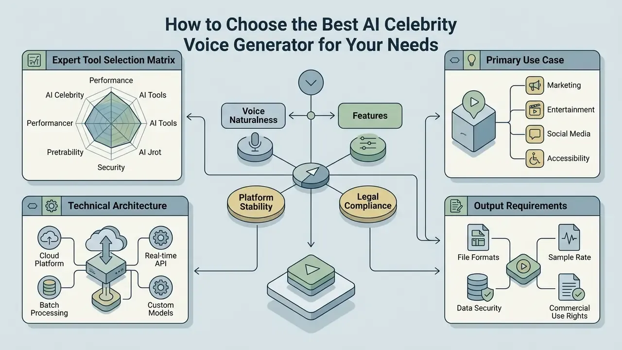 Central hub diagram connecting voice naturalness, features, stability, and compliance to four key categories