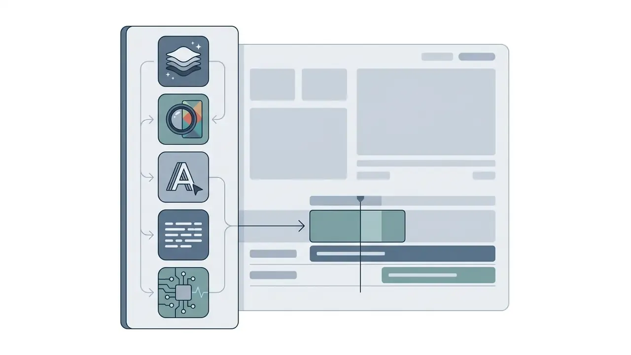 Vertical sidebar with icons for effects and text pointing to a video editing timeline workspace