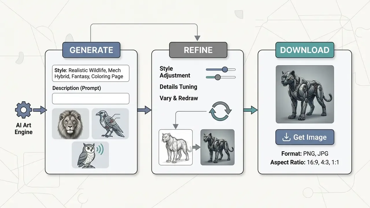 Flowchart displaying the steps to create, adjust, and export digital animal artwork