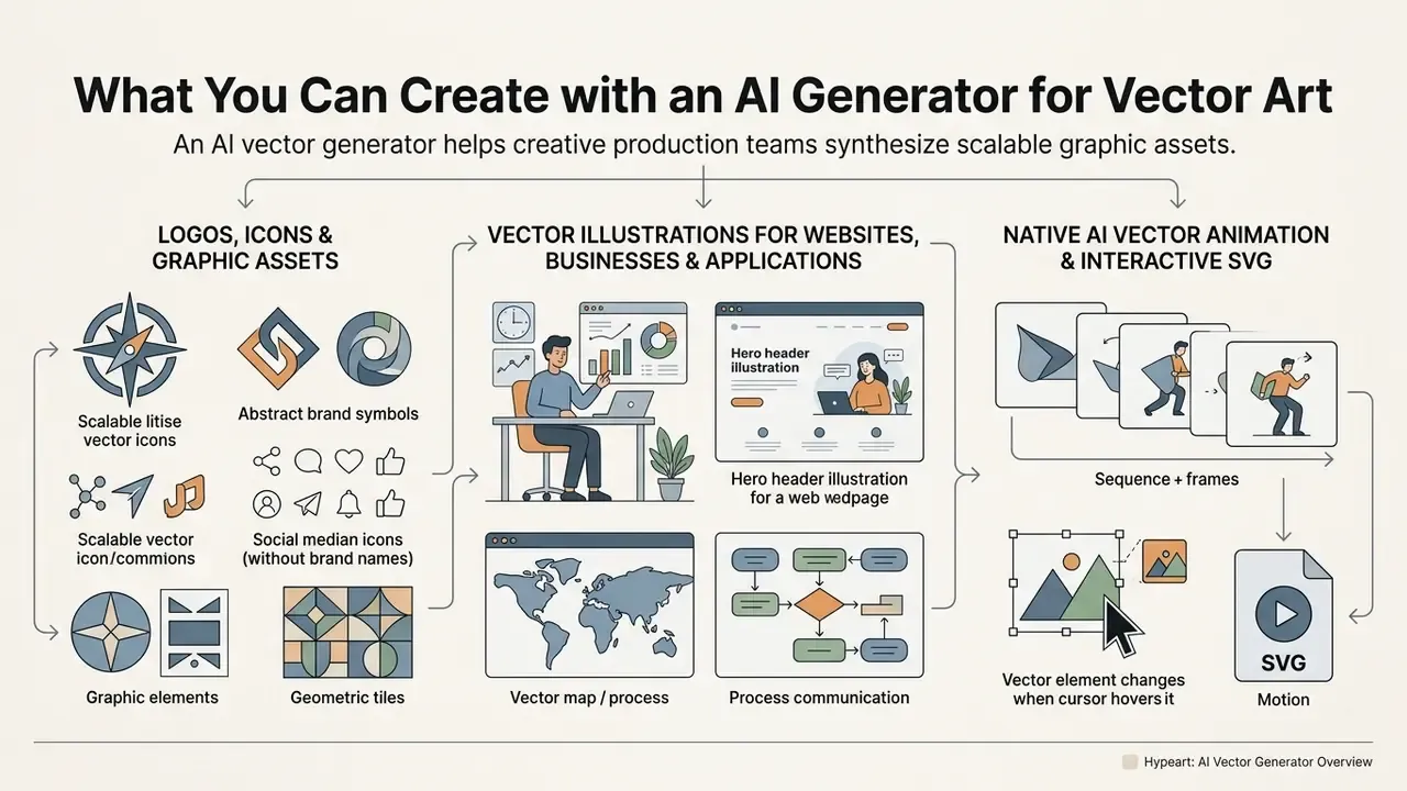 Infographic showing how an AI vector generator creates logos, website illustrations, and interactive SVG