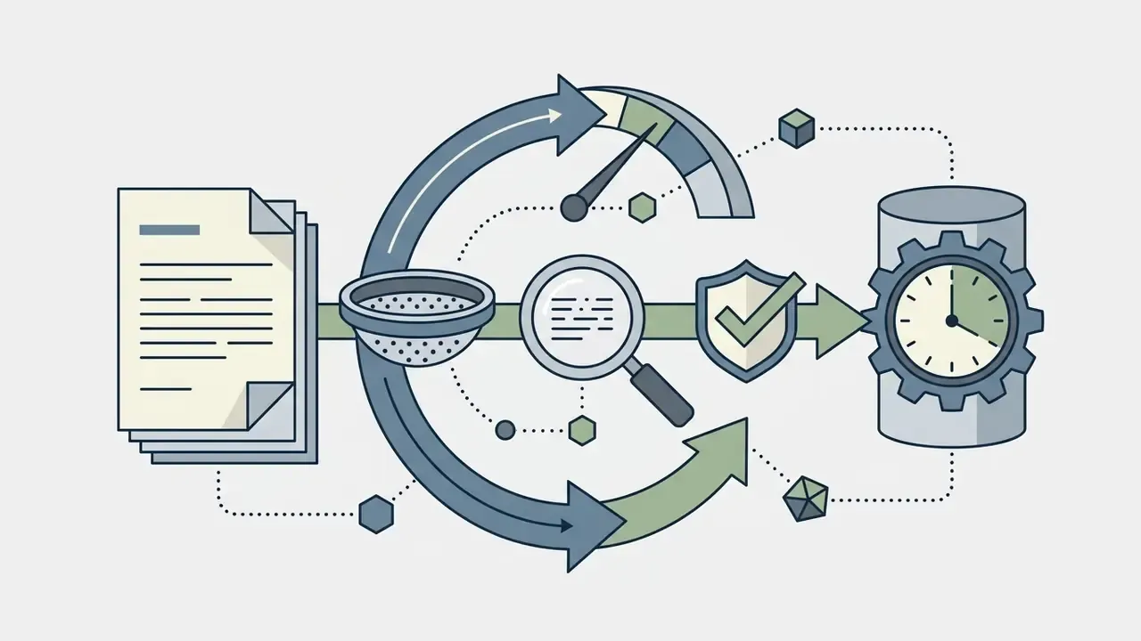 Documents passing through a filter, magnifying glass, and shield icon toward a clock inside a gear