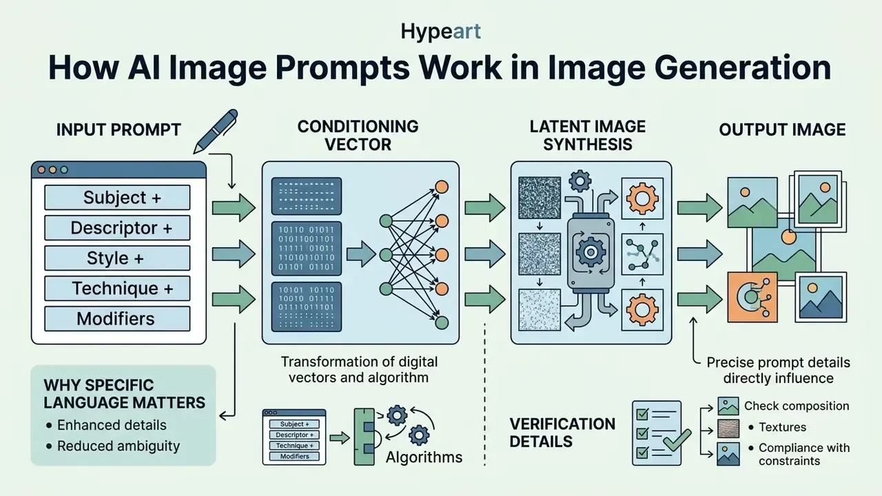Infographic showing how text prompts transform into conditioning vectors to generate AI images