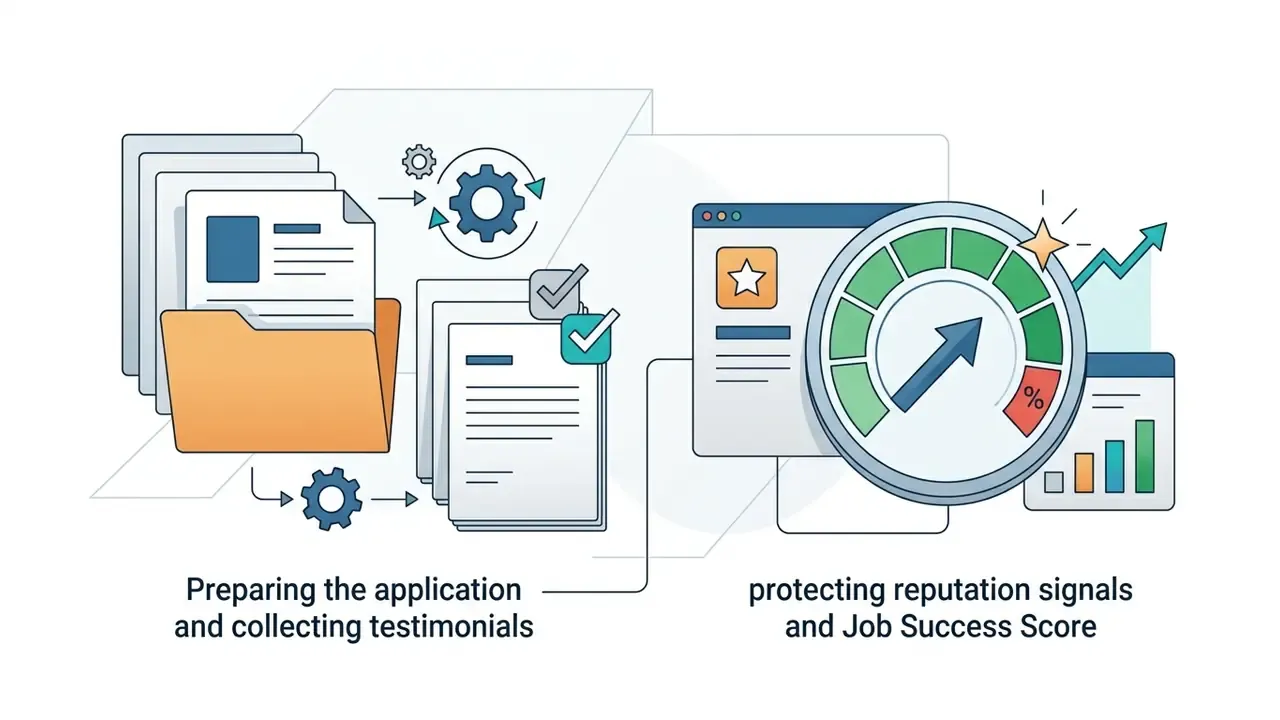 Documents in a folder moving toward a rating gauge and a rising trend chart on a digital screen