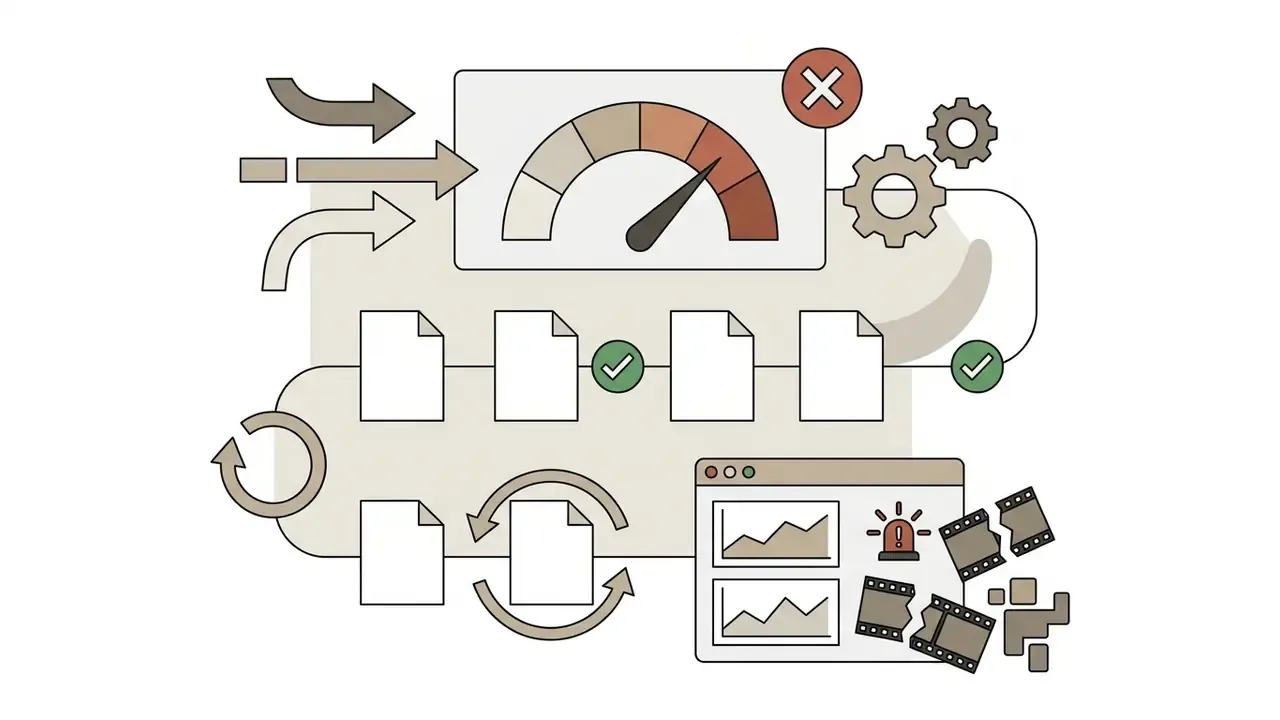 Gauge monitoring inputs and document workflows leading to analytics dashboard with video error alerts