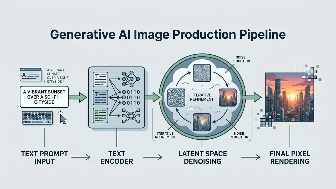 Flowchart showing a text prompt being encoded and denoised to generate a final rendered digital image