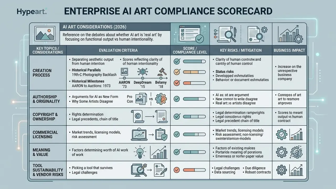 Scorecard table evaluating creative processes, authorship, copyright, and business risks for generated works