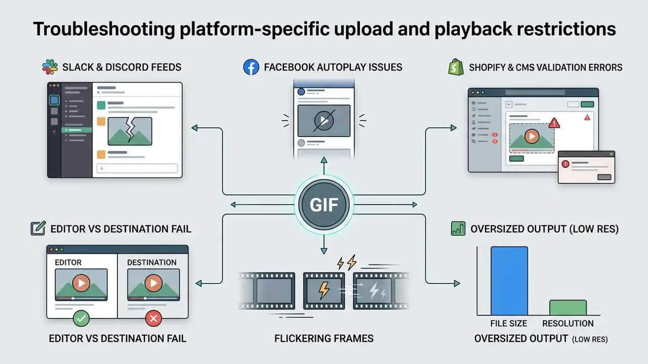 Diagram showing common technical issues encountered when uploading animated files to different platforms