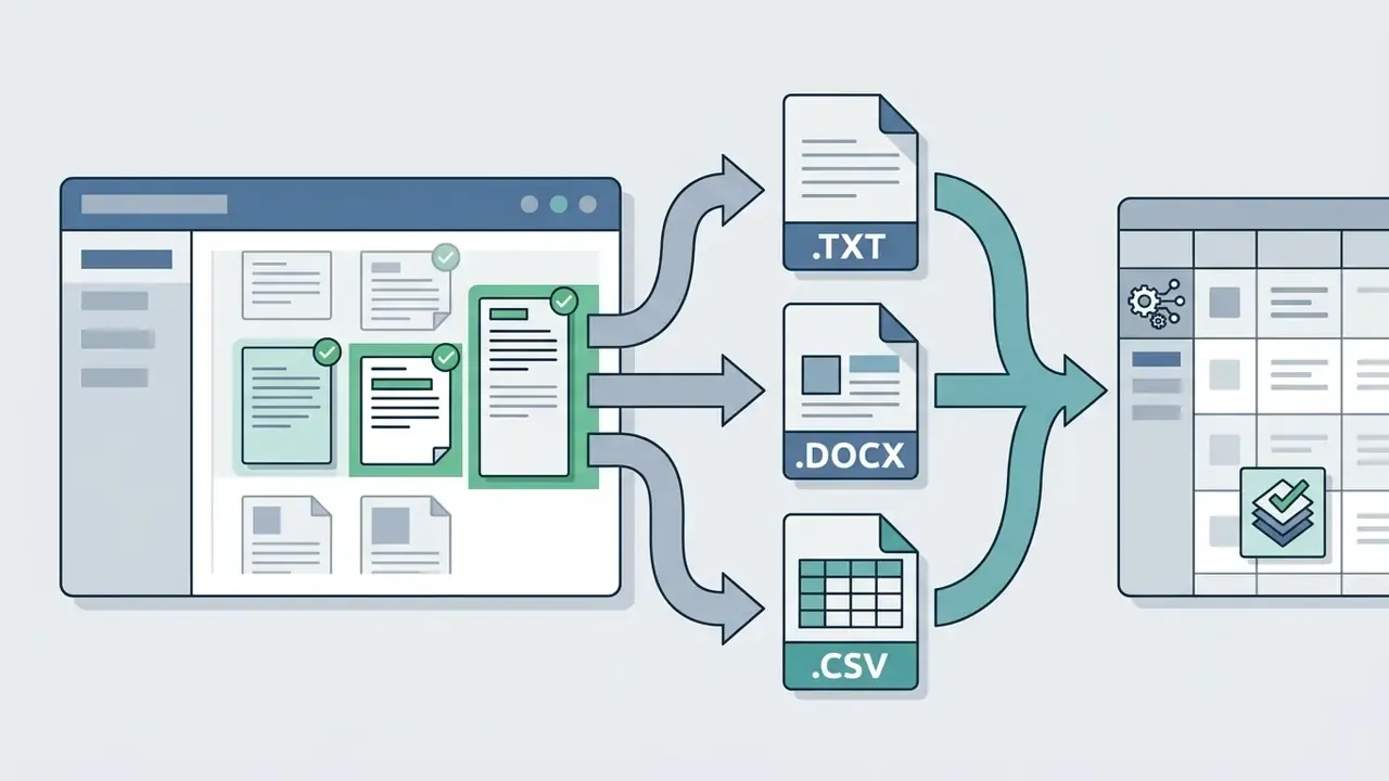 Multiple selected documents being exported from a web interface into TXT, DOCX, and CSV file formats