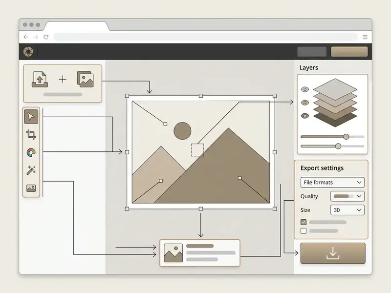 Browser interface map highlighting the upload area, toolbar, canvas, layers panel, and export settings