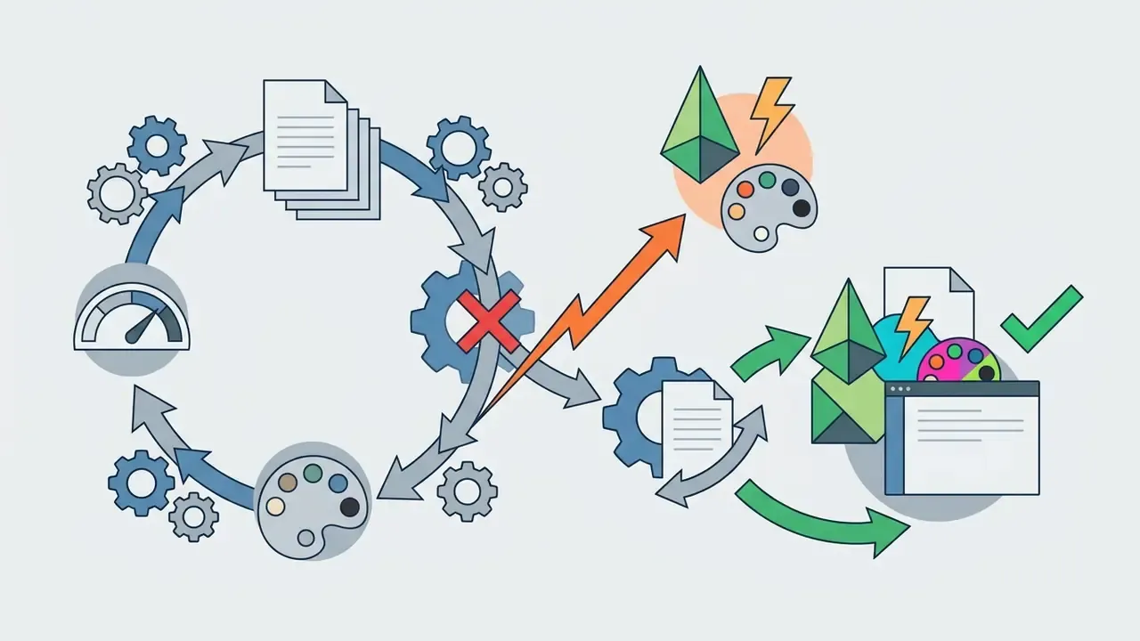 Circular process of gears and documents breaking into a new path toward creative output and validation