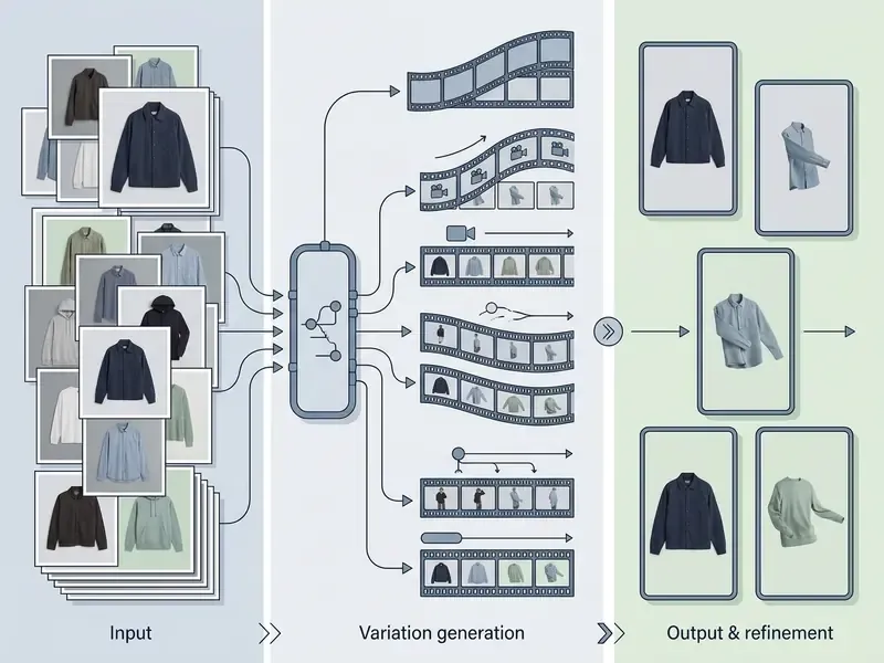 Process flow showing static apparel photos converted into multiple motion video variations for mobile screens