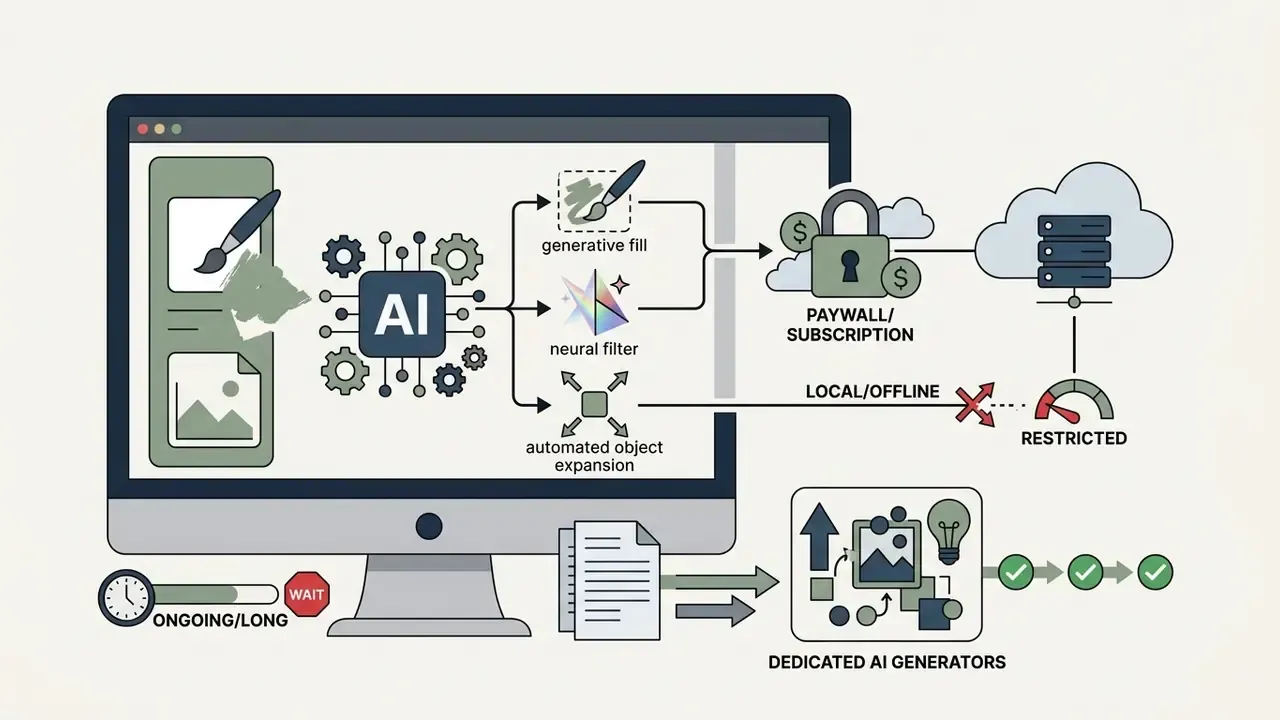 Computer monitor showing AI tools blocked by a paywall compared to efficient dedicated AI generators