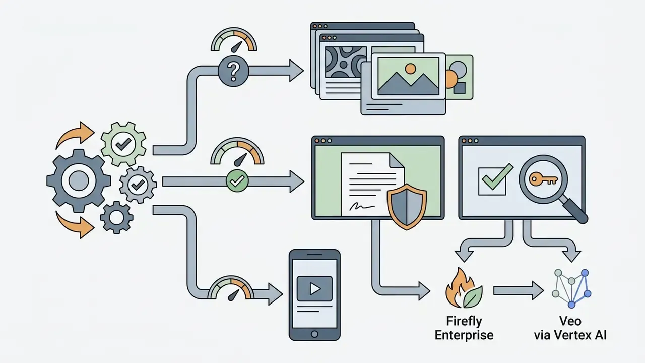 Routing paths for AI video tools showing consumer web access versus enterprise compliance workflows