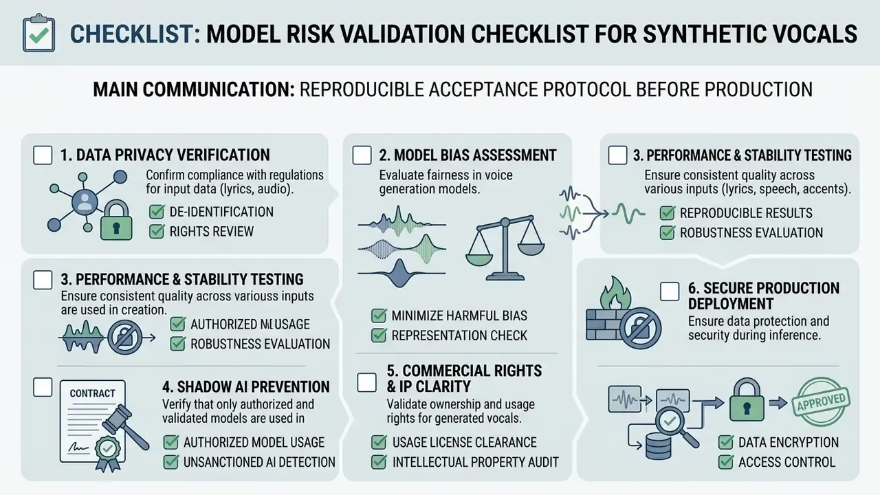Structured checklist outlining six essential risk validation steps for synthetic vocal production