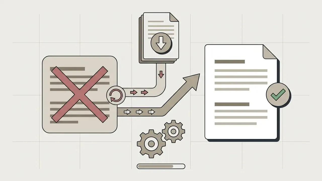 Document with a red X mark cycling through a gear processor to become a document with a green checkmark