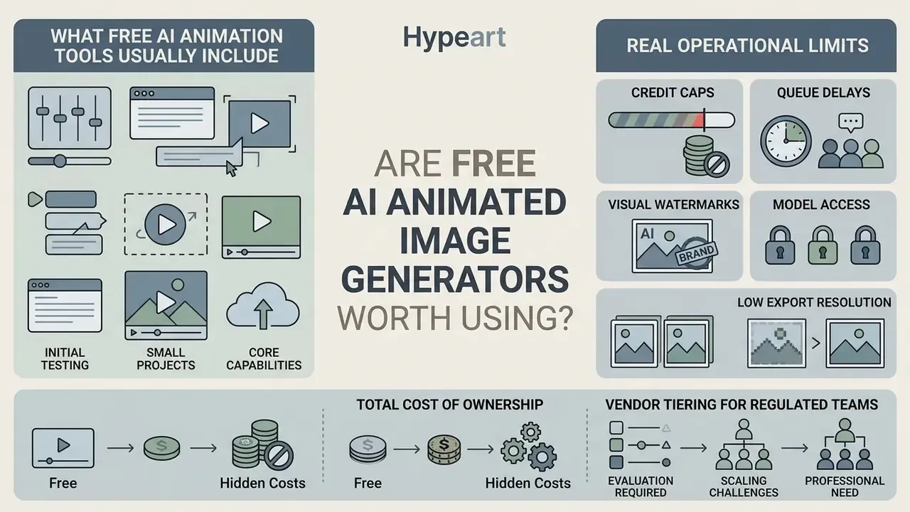 Comparison chart of features, operational limits, and costs for a free AI animated image generator
