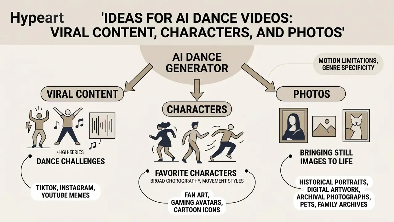 Diagram categorizing creative uses for motion models including viral trends, character animation, and photos