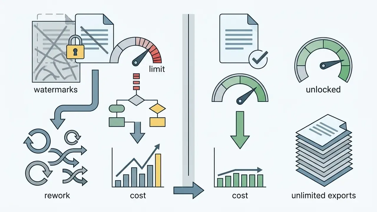 Visual contrast between restricted document processing with rework and unlocked unlimited exports
