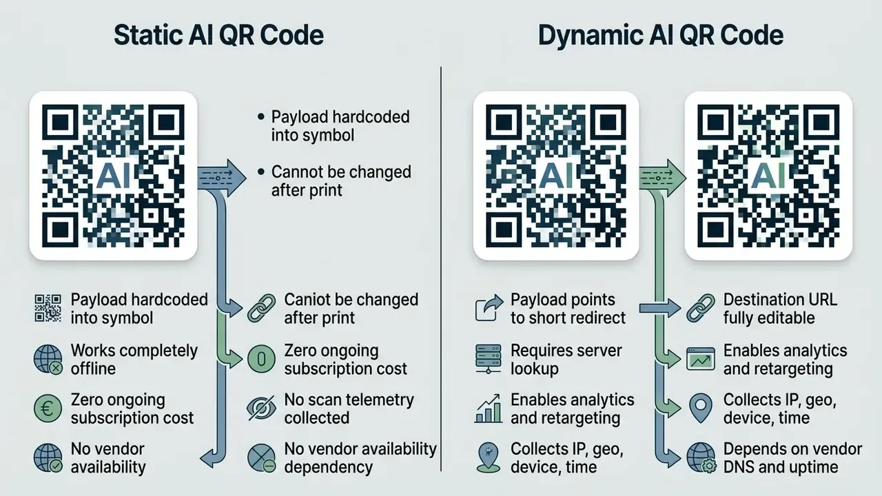 Side-by-side comparison of static and dynamic QR code features including offline use and scan analytics