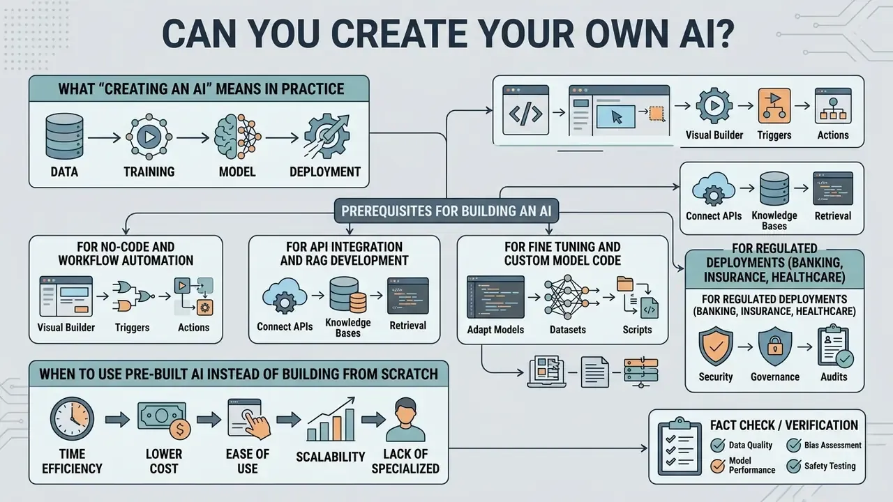 Infographic showing the practical steps, prerequisites, and decision factors for building custom AI