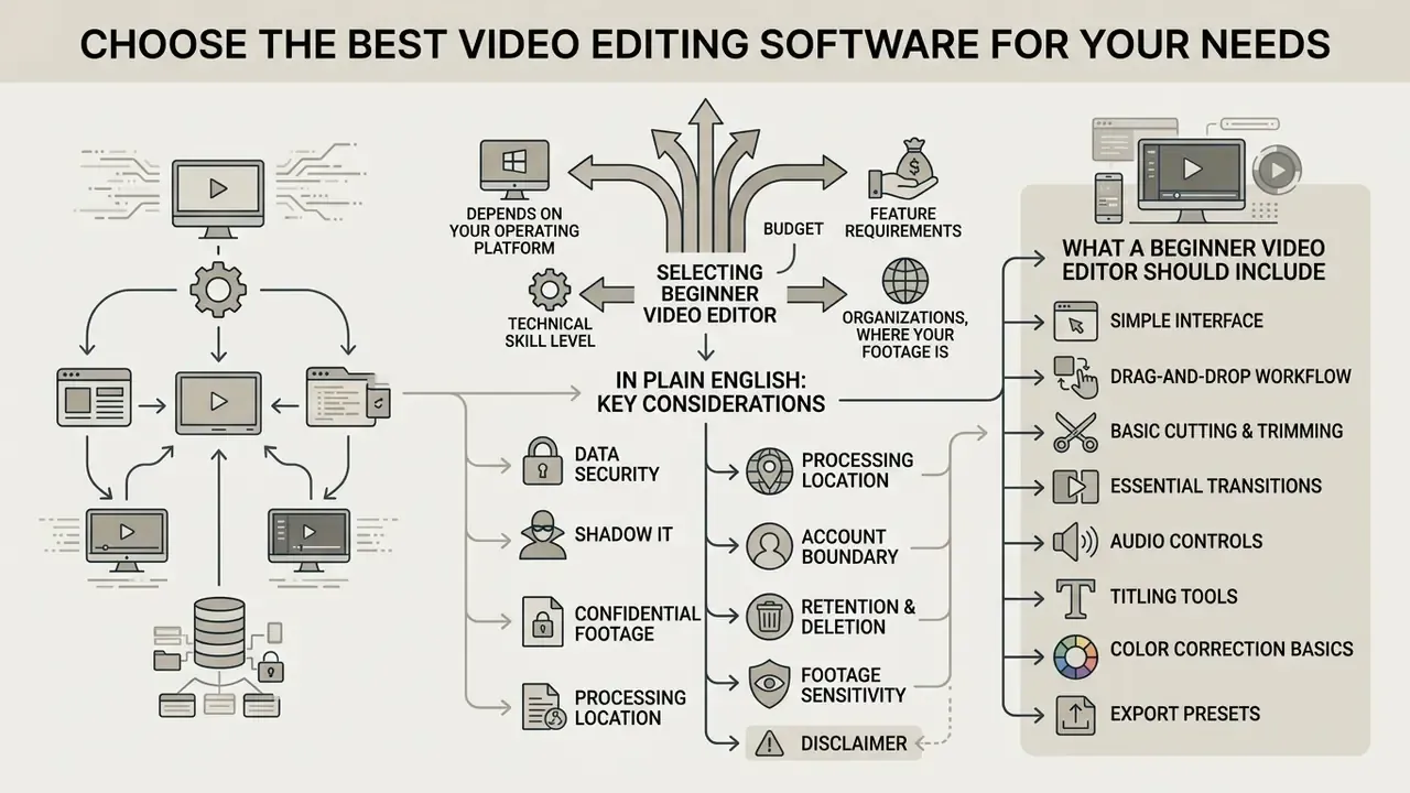 Infographic outlining key considerations and essential features when selecting video editing software