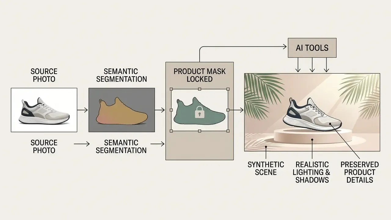 Diagram showing the workflow of masking a sneaker to generate a new AI product photography scene